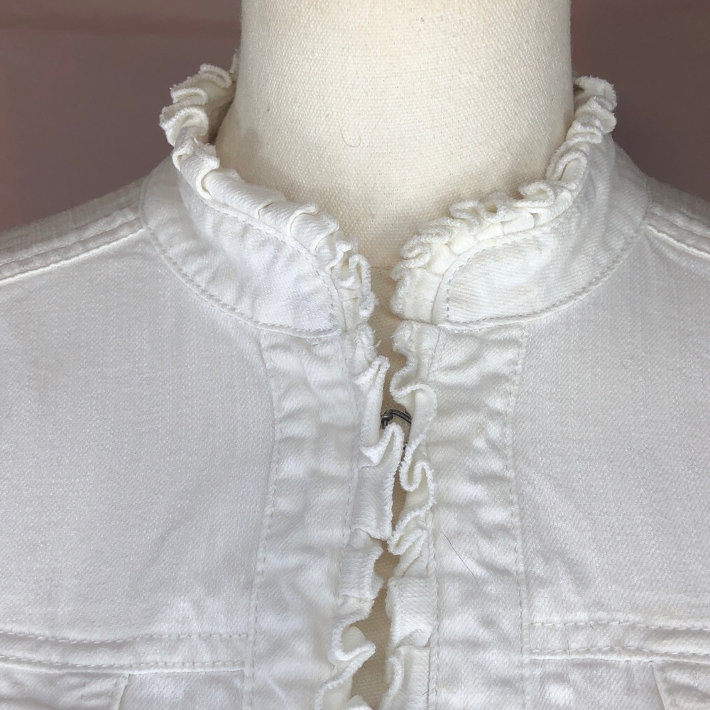 Cotton Women's Ruffle-Trim White Jean Jacket Size Large Spring Summer - Picture 3 of 14
